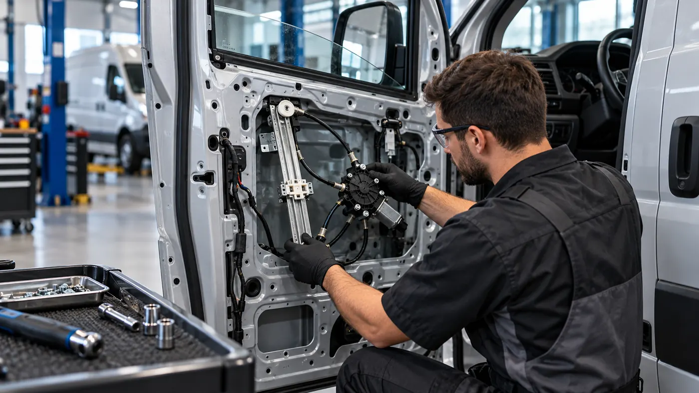Ilustracja mechanika przy otwartych drzwiach samochodu dostawczego i mechanizmie szyby